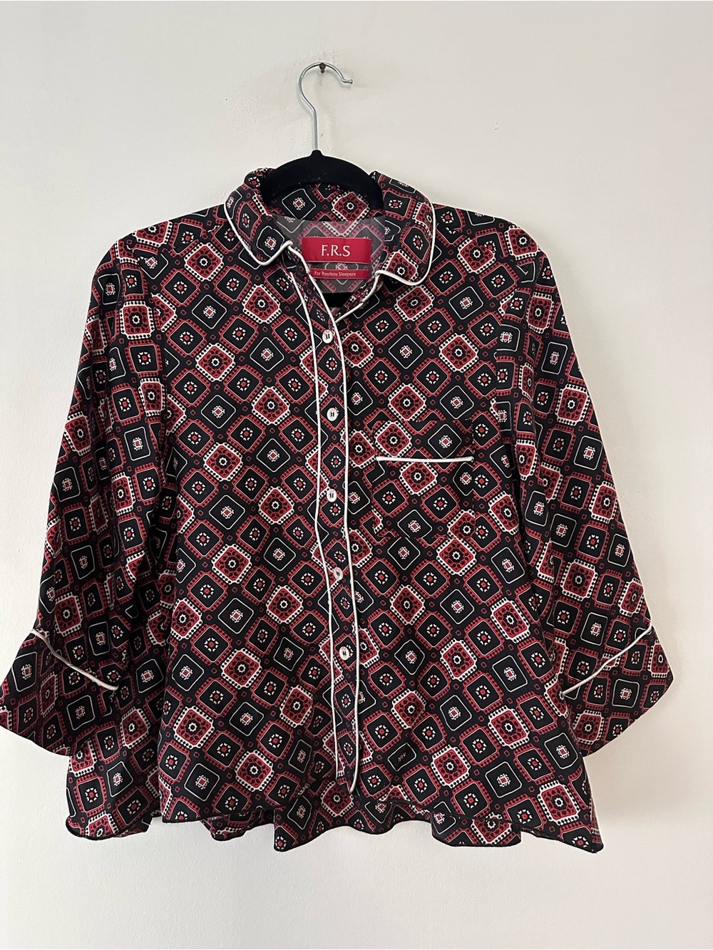F.R.S‎ For Restless Sleepers pajama shirt geometric pattern black/Burgundy sz xs